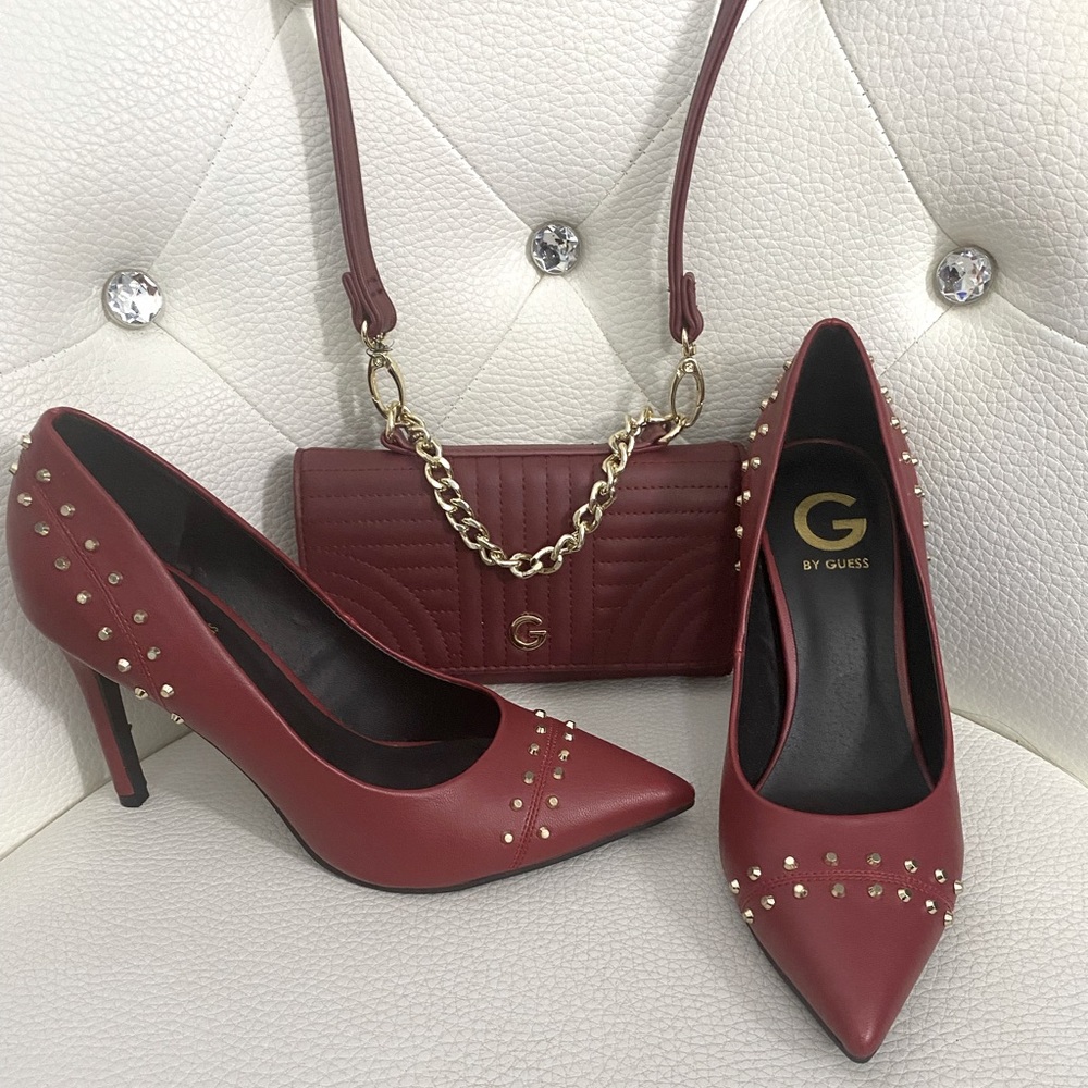 Beautiful burgundy stilettos and matching clutch bag